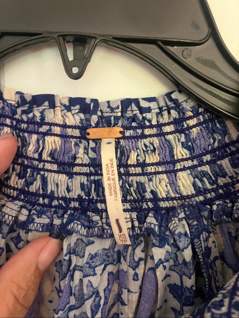 Free People Blue and Cream Floral Smocked Peasant Top - Picture 2 of 3